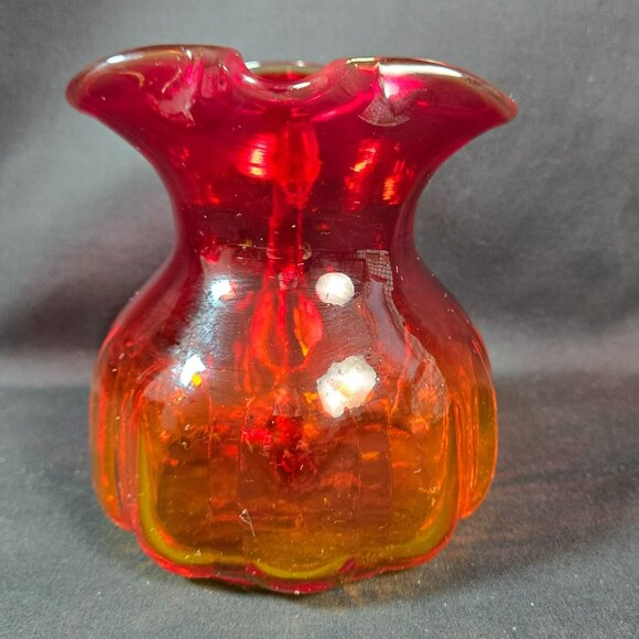 Small Amberina Art Glass Pitcher Red Orange Hand Blown Ribbed 5" Vintage Decor - Picture 2 of 10